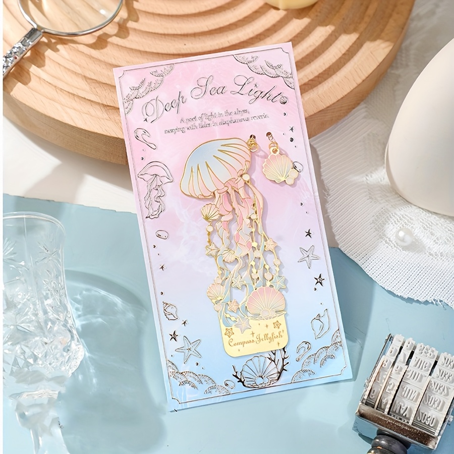 TEMU 1pc Irregular Metal Openwork Bookmark With Sinking Sea And Floating Light, Three-dimensional Jellyfish Ocean Pattern, Stationery Supplies,
