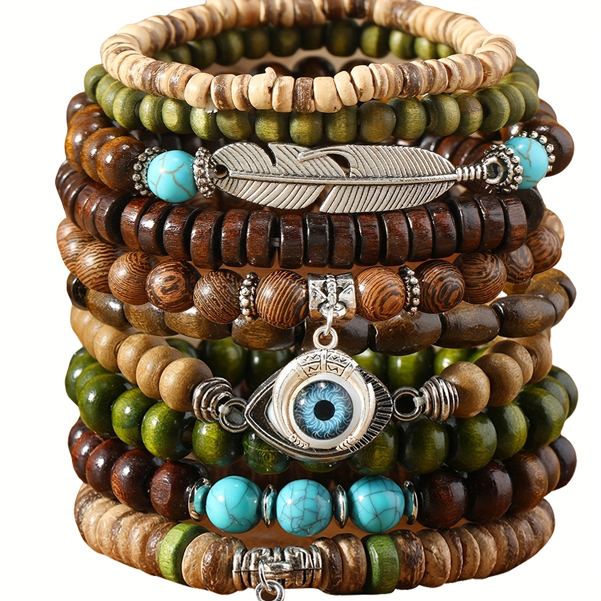 

Style 10-piece Set Wooden Bead Bracelets With Feather, Evil Eye, And Wing Charms - And Turquoise Bead Bracelet Set For Couples