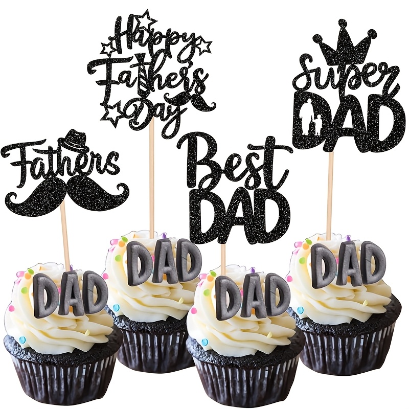 Image of 12pcs Happy Father's Day Cupcake Toppers With Glitter Moustache Hat Best Dad Cupcake Picks Cake Decorations For Happy Father's Day Theme Men Birthday Party Supplies Black