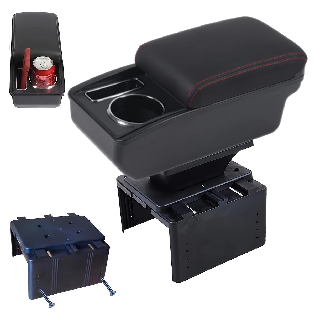 Universal Car Armrest Box With Water Cup Holder And Phone Holder, Black Red Line Adjustable Width Armrest Cushion For Most Car