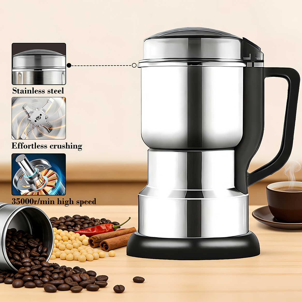 1 Large Multifunctional Electric Grinder | 300w Coffee Grinder, 304 Stainless Steel, American Plug, Suitable For Grinding Ingredients, Coffee Beans, Seasonings, Multi-functional Kitchen Gadget