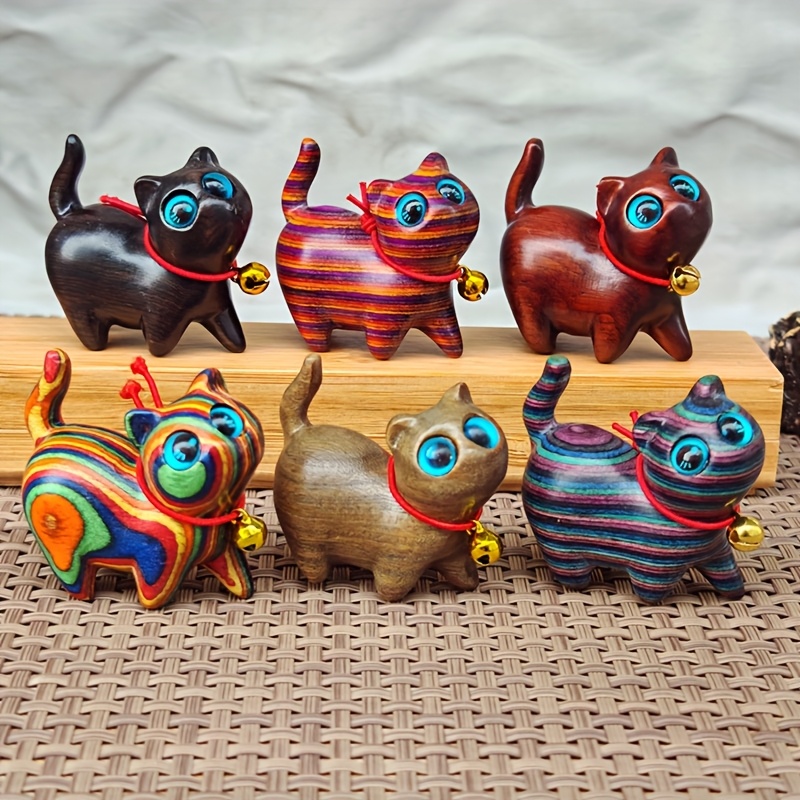 handmade colorful wooden cat statue ornament doll house - Temu