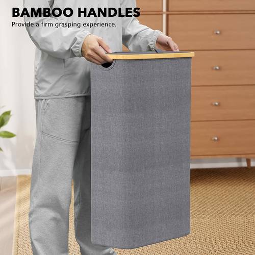 Breathable Fabric Laundry Basket with Side Handles and Sturdy Bamboo Frame, Ultra-Thin Hamper with Lid, 65L Narrow Clothes Bin with Bamboo Handle, Foldable Tall Storage for Bedroom, Bathroom, Dorm - Gray & Beige, Wall Mounted Laundry Basket, Laundry Basket with Cover, Basket for Laundry, Extra Large Foldable Laundry Basket, Laundry Accessories, Bathroom Organizer, Bedroom Organization, Contemporary Design, Lightweight Basket, Durable Construction, Lidded Hamper,