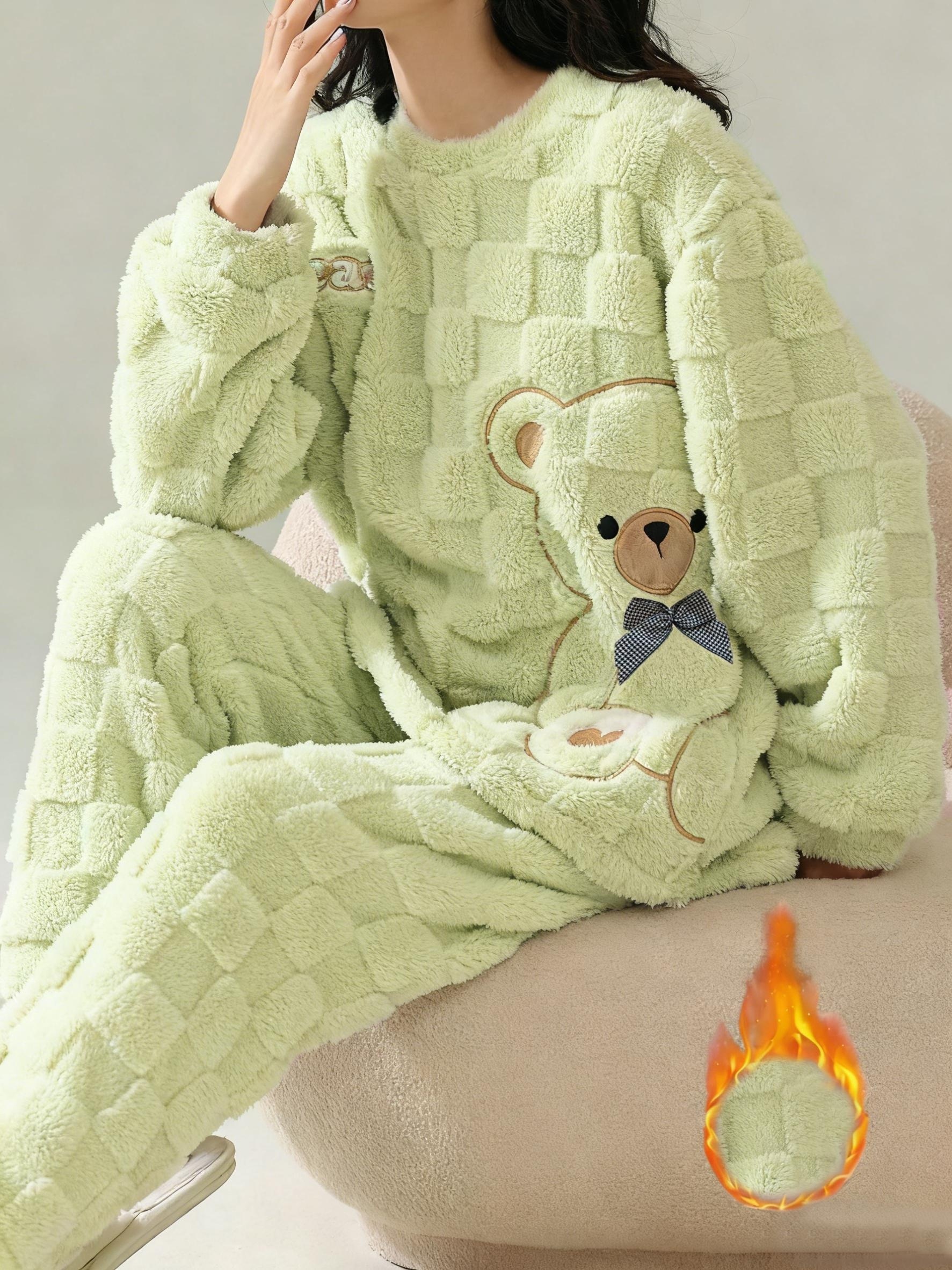 winter womens warm pajama set cute bear pattern casual loungewear set