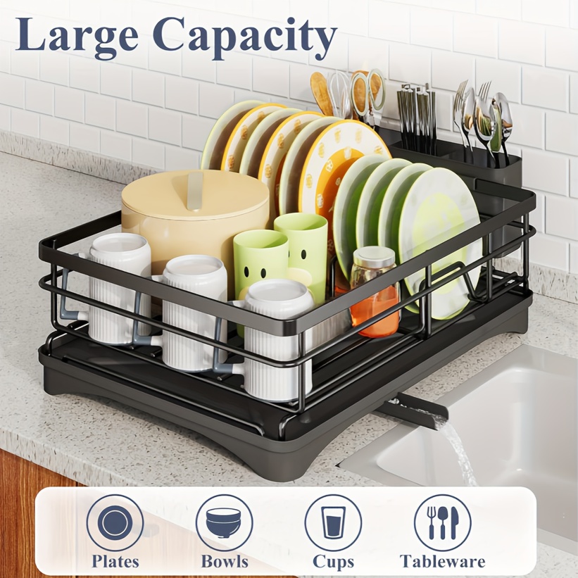 Extra Large Dish Drying Rack with Cutlery Holder Auto-Draining System  Heavy-Duty Dish Drainer, Space-Saving Dish Rack with 360°