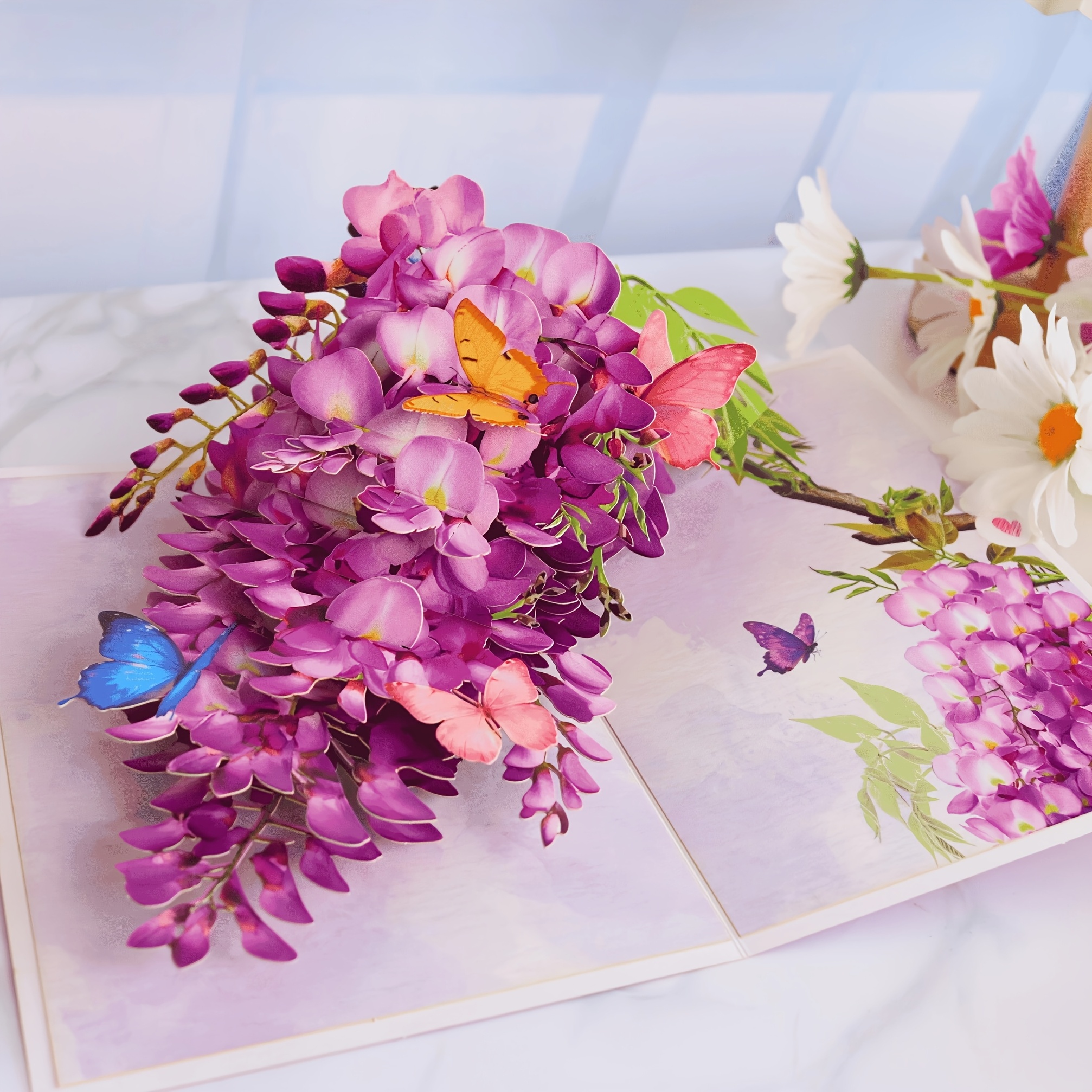 E-shop handgefertigte 3D-Glyzinienblüten Pop-Up-Grußkarte - Lila und rosa Blumendesign mit grünen Blättern, hochwertige Papierkarte für Muttertag,