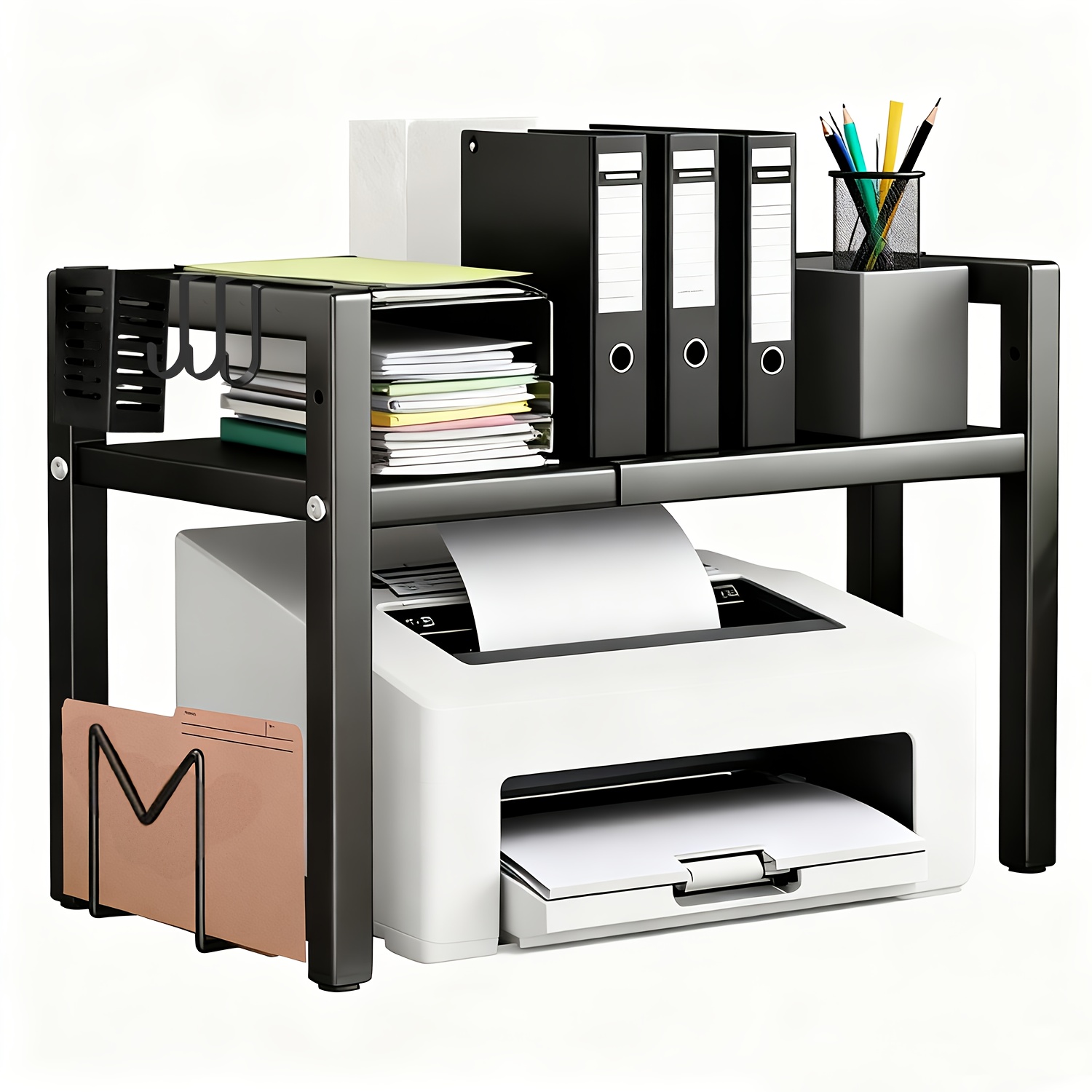 2/3-tier Printer Stand - With 3 Hooks, Cutting Board Holder And Pen Holder, Expandable Design, Suitable For Home And Office, Can Hold Copiers And Scanners (black, White)