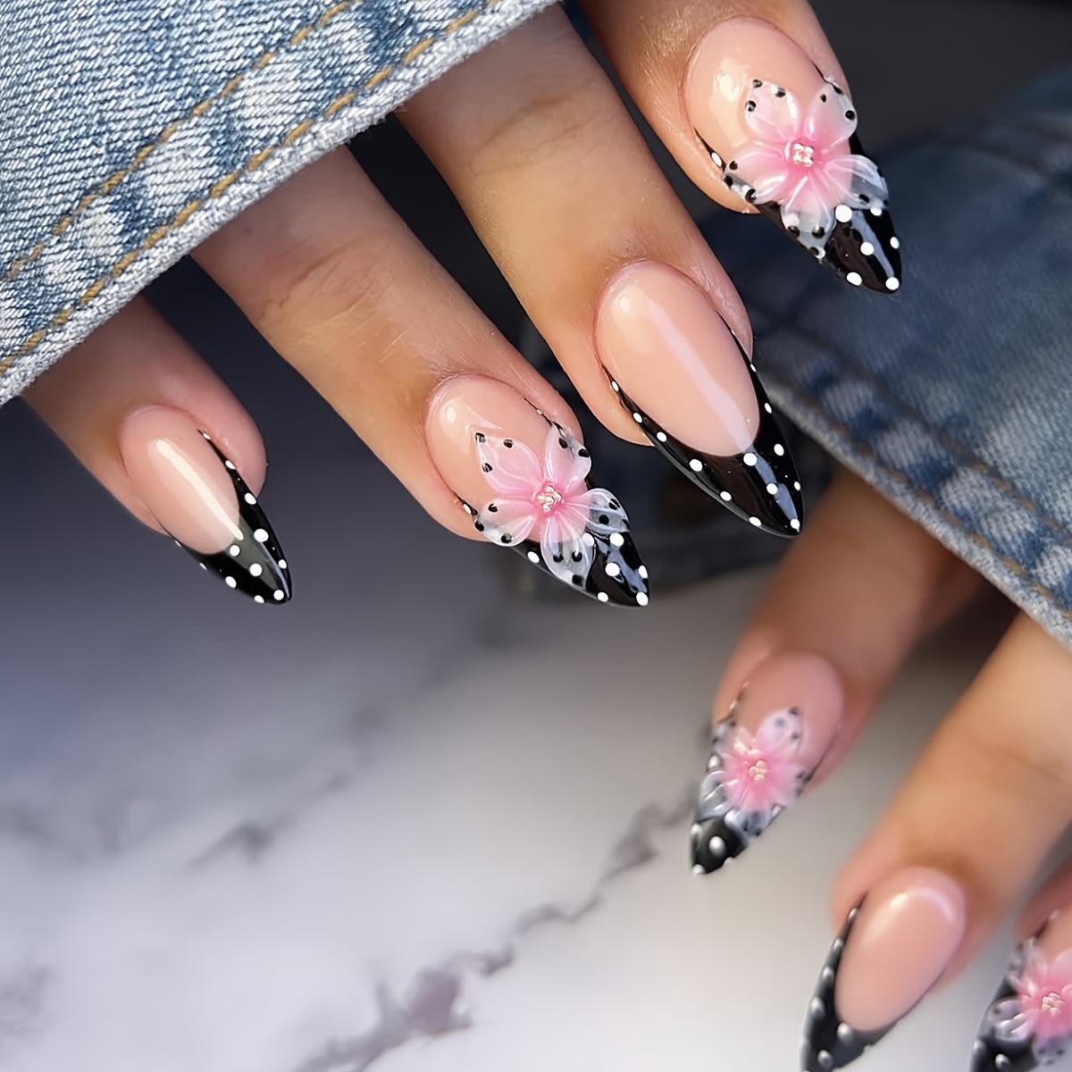 TEMU 24pcs Medium Length Almond Shape Black Polka Dot French Side 3d Relief Flower Steel Bead Embellishment Design Full Coverage Press-on Reusable