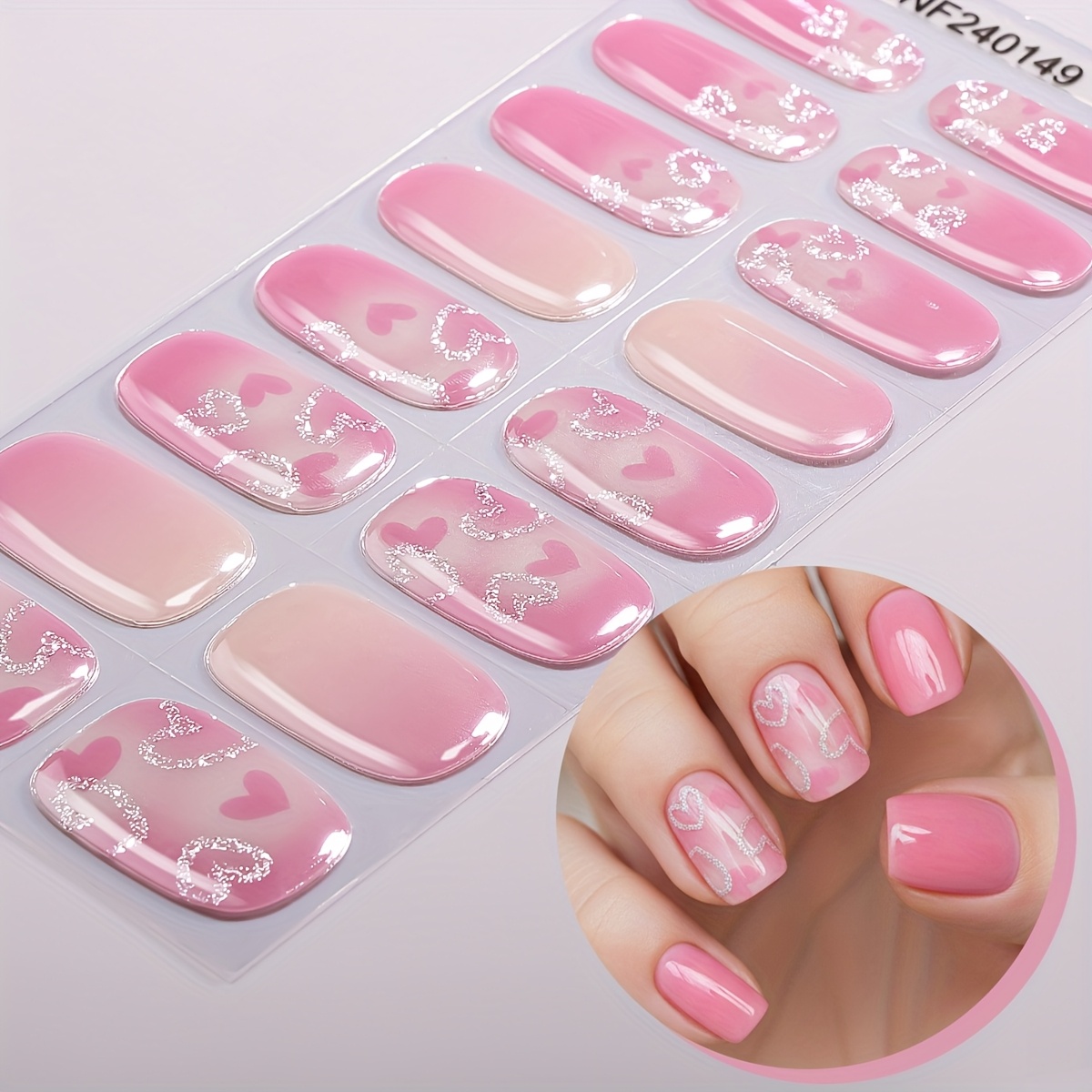 Image of 16pcs Set Of Valentine's Day Semi-cured Gel Nail Strips, Featuring Pink Heart Glitter For Winter Nails. Requires For Application, And, Perfect For Women's Nail Art Supplies For Christmas