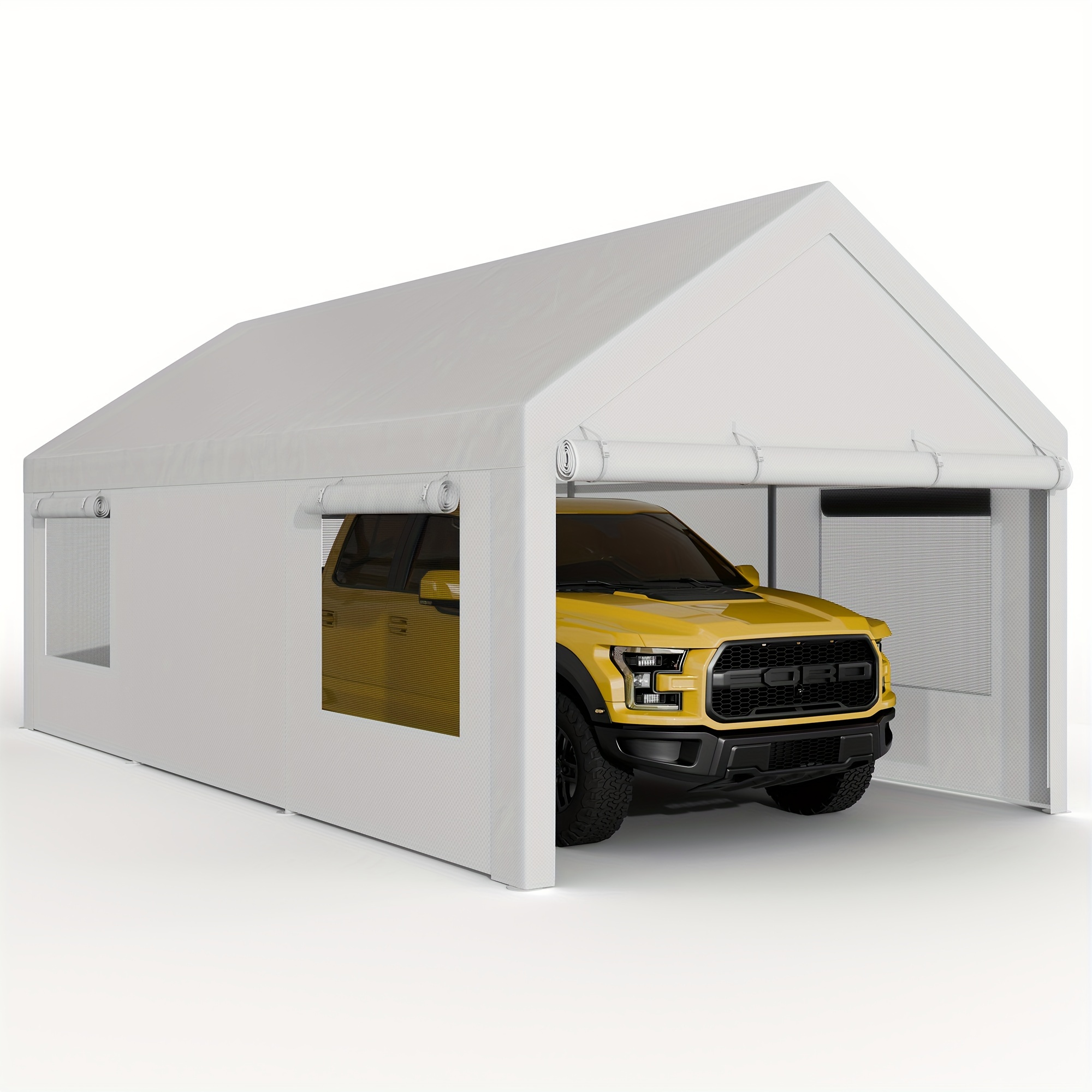 

Heavy Duty Carport With Roll-up Windows, Portable Garage With Removable & Doors, Car And Tarp For Truck Motorcycle