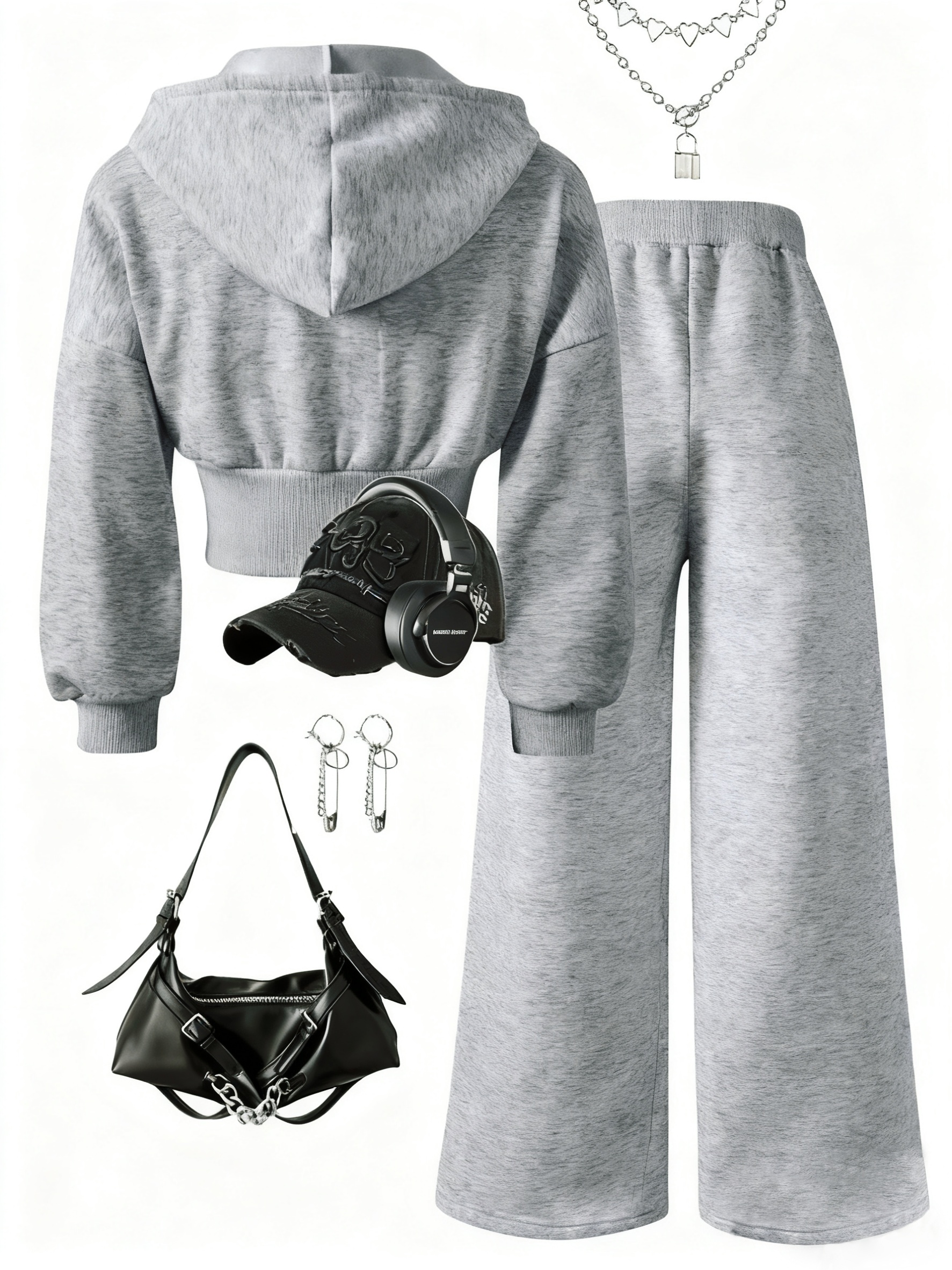 autumn winter casual sport two piece set gray hooded cardigan jacket with gray loose wide leg pants waist gathered design simple fashionable soft and comfortable accessories not included   outdoor Product details 0