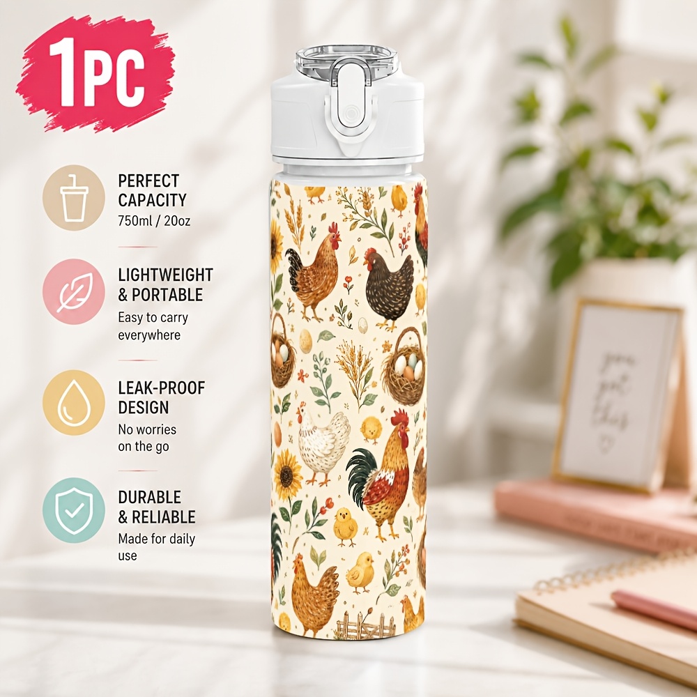 TEMU 1pc Farm Chicken Pattern 750ml Portable Water Bottle, Plastic Sports Cup With Dustproof Lid, Easy-clean Mouth, Open, Minimalist Look, Travel