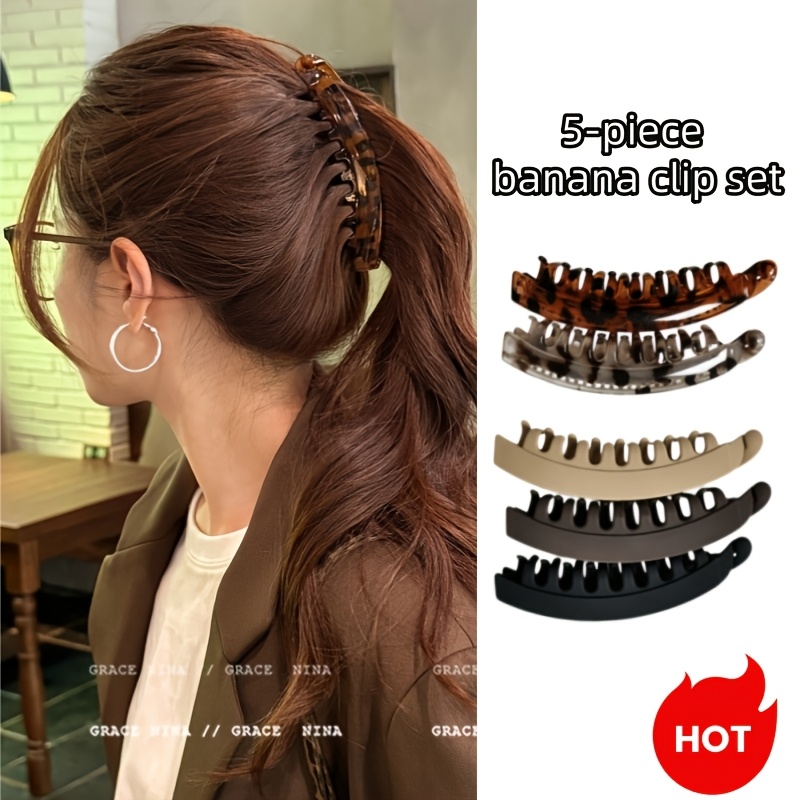 TEMU Ensemble de 5 pinces à cheveux banane minimalistes, barrette antidérapante pour queue de cheval, pinces à cheveux léopard de couleur unie,