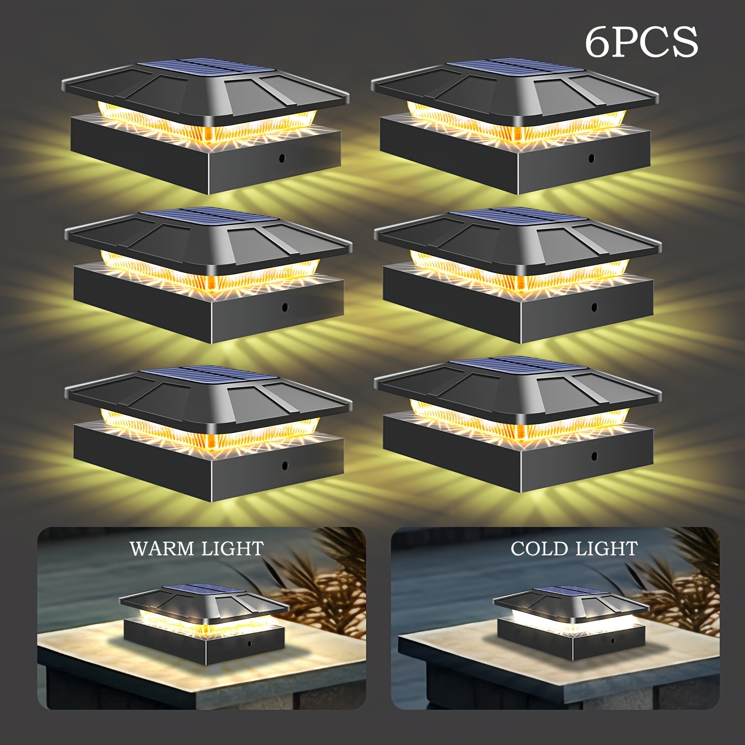Image of Set Of 6 New Outdoor Solar Post Lights Featuring Bright , 6 Different Lighting Including Cold White, Warm Light, And Warm White. Ideal For Enhancing , Patios, Stairs, Yards, And Wooden Railings