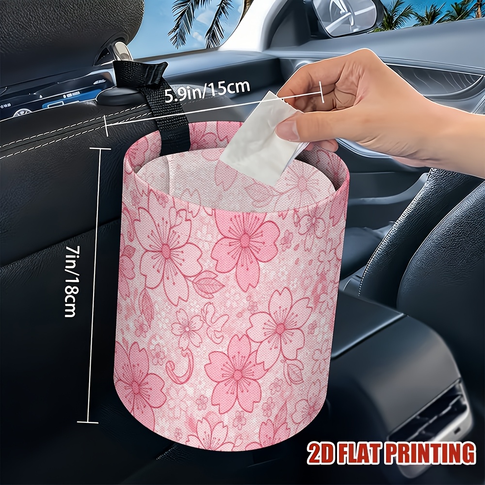 TEMU 1pc Pink Cherry Pattern Collapsible Car Trash Can - Reusable Automotive Garbage Bag Design, Compact Storage For Front And Back Seat, Durable
