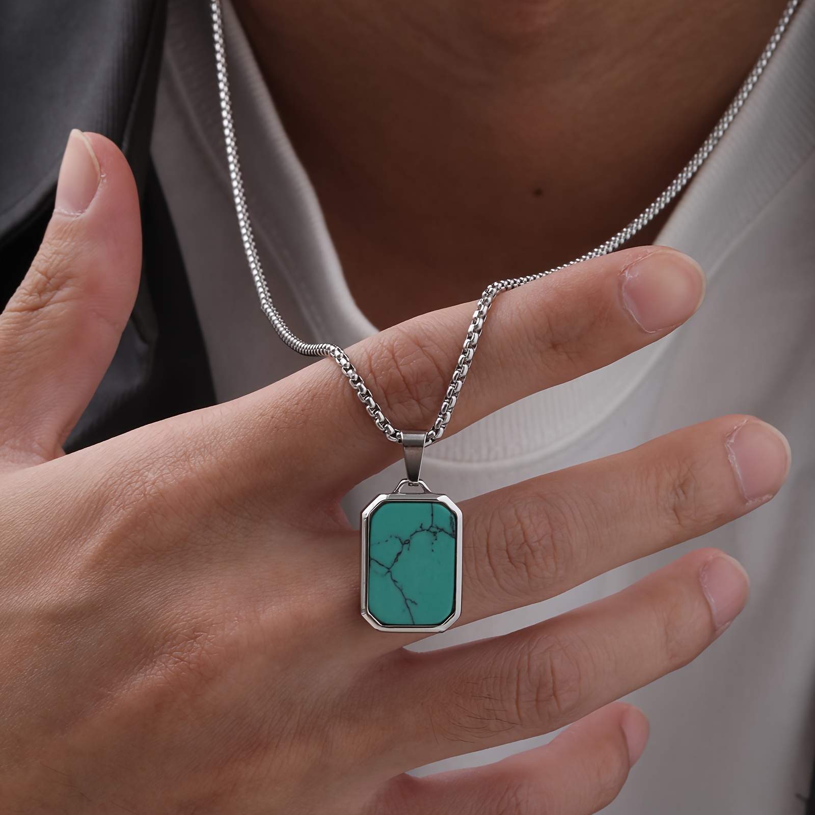 Image of 1 Men's Pendant - Fashionable 3d Rectangular Natural Stone Necklace With Green And Brown Stones, Perfect For Gifts Or Birthday Presents