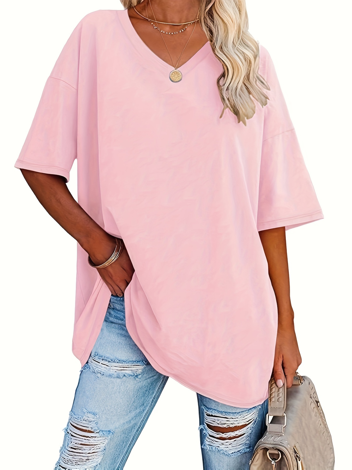 hoksml Womens Tops, Summer Clearance Women's Casual T-Shirt Plus-Size Solid  O-Neck Tees Top Loose Short Sleeve T-shirt Pullover Tops