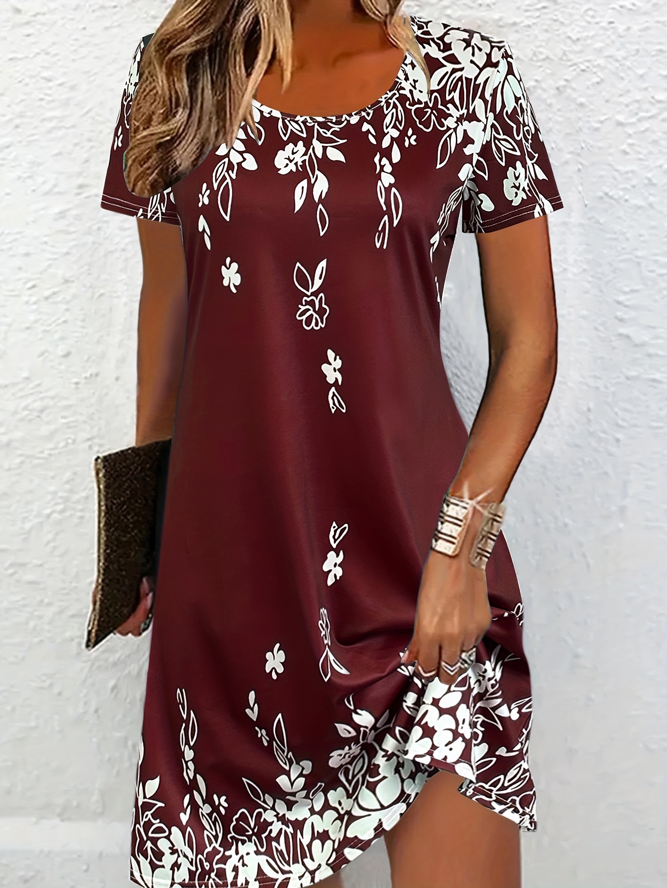 floral print crew neck dress vacation short sleeve dress for spring summer womens clothing details 0