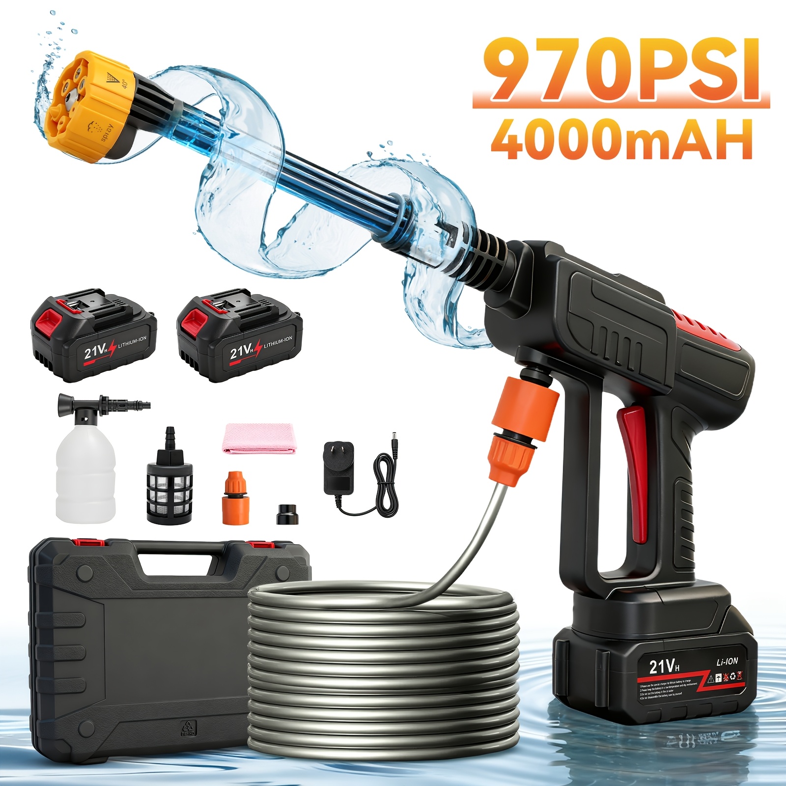 TEMU Cordless Pressure Washer 970psi 21v Portable Car Cleaner With 6-in-1 Nozzle 2 Batteries Foam Cannon Self-priming 5m Hose For Car Garden Patio