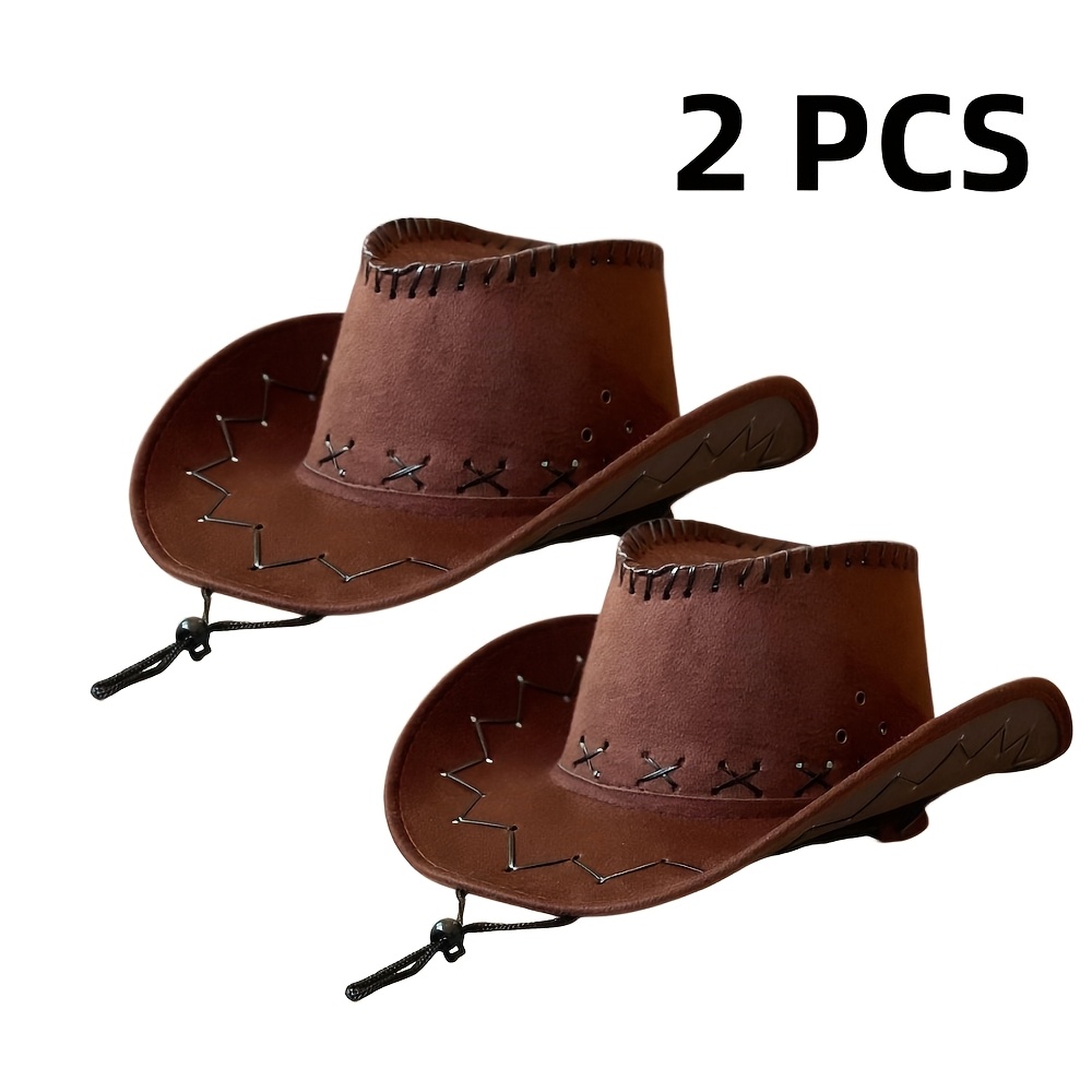 TEMU 2pcs Pack Western Cowboy Hats Suitable For , Wide Brim Pvc Coated Vintage Outdoor Hats For Mardi Gras, Themed Parties, Photo Shoots, Sun - Wide