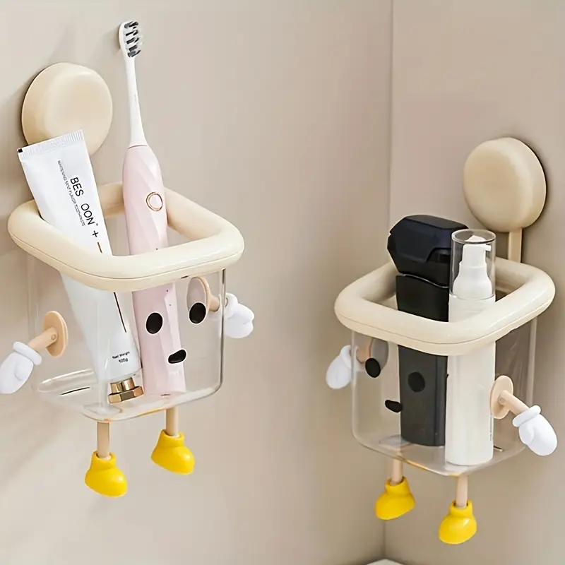 adorable cartoon face bathroom organizer no drill wall mounted storage for toothbrushes cosmetics razors tissues durable plastic space saving design lightweight fun decorative accessory for 8 family toothbrush holder Product details 0