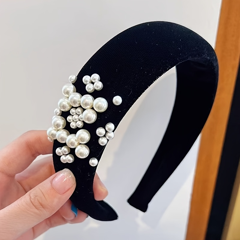TEMU Cerclage à cheveux haut de gamme en velours noir français avec fausses perles, crâne surélevé pour femmes, nouveau serre-tête polyvalent en