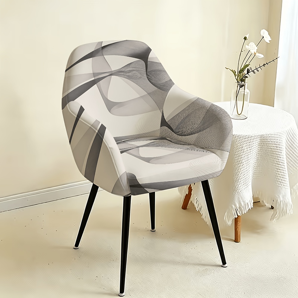 TEMU 1 Set Style High Back Chair Cover, Curvy, Layered Abstract Flowing Lines, Gray White Gradient Pattern 2d Flat, Printed Elastic Fabric Removable