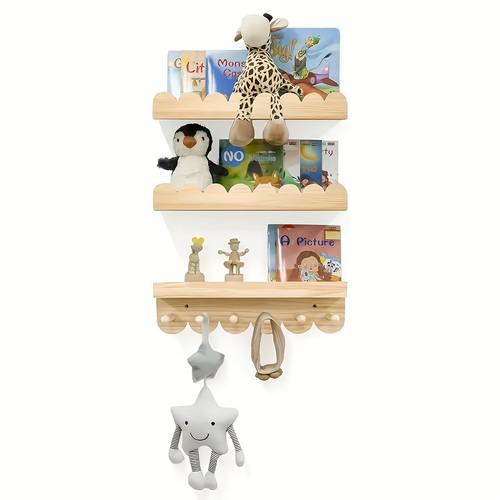 3 tier vintage fan shaped wave solid wall shelf unfinished floating storage rack with hooks easy assembly multi purpose for home storage utility racks