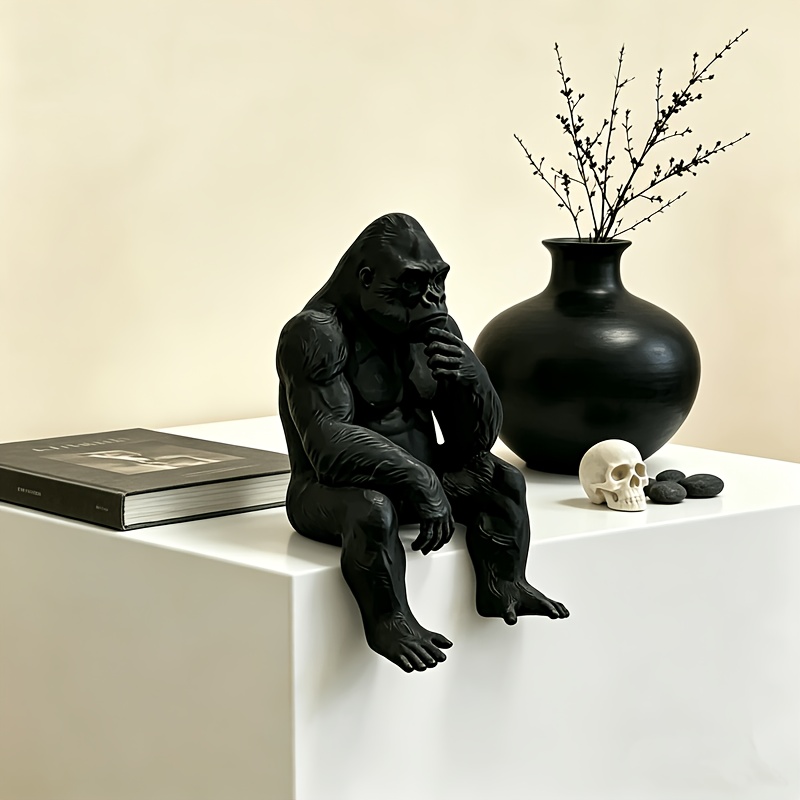 TEMU 1pc Thinking Gorilla Mini Ornament, Creative Sitting Gorilla Sculpture, Modern Minimalist Desktop Bookshelf Decoration, Home And Office