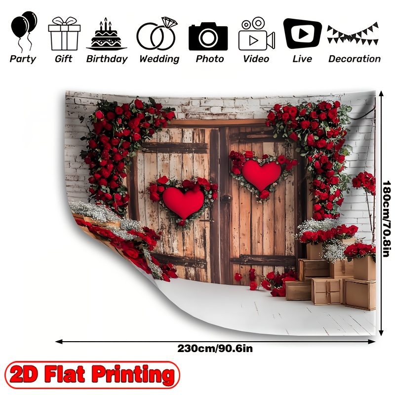 TEMU Toile de Fond Photo 2D Plate pour la Saint-Valentin avec Mur en Brique et Porte en Bois - Roses Rouges - Toile Polyester pour Photographie, pour