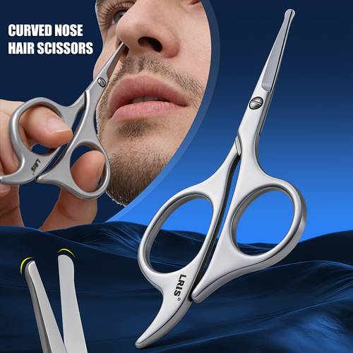 imagem do item tesoura para pelos do nariz com design de arredondada em aço inoxidável, adequada para homens como para mulheres, são ferramentas essenciais para o facial diário. as lâminas são afiadas e