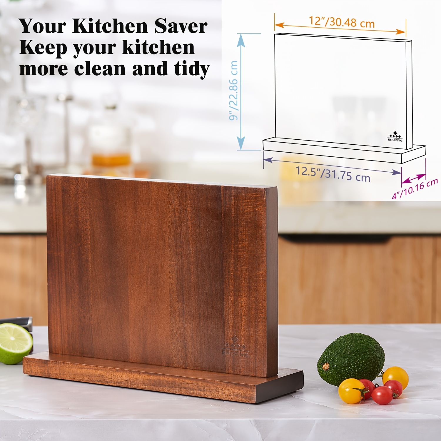 enoking magnetic knife block 12 5 x 9 inches double side magnetic knife holder built in three powerful magnets strip acacia wood universal knife storage organizer for kitchen counter details 3