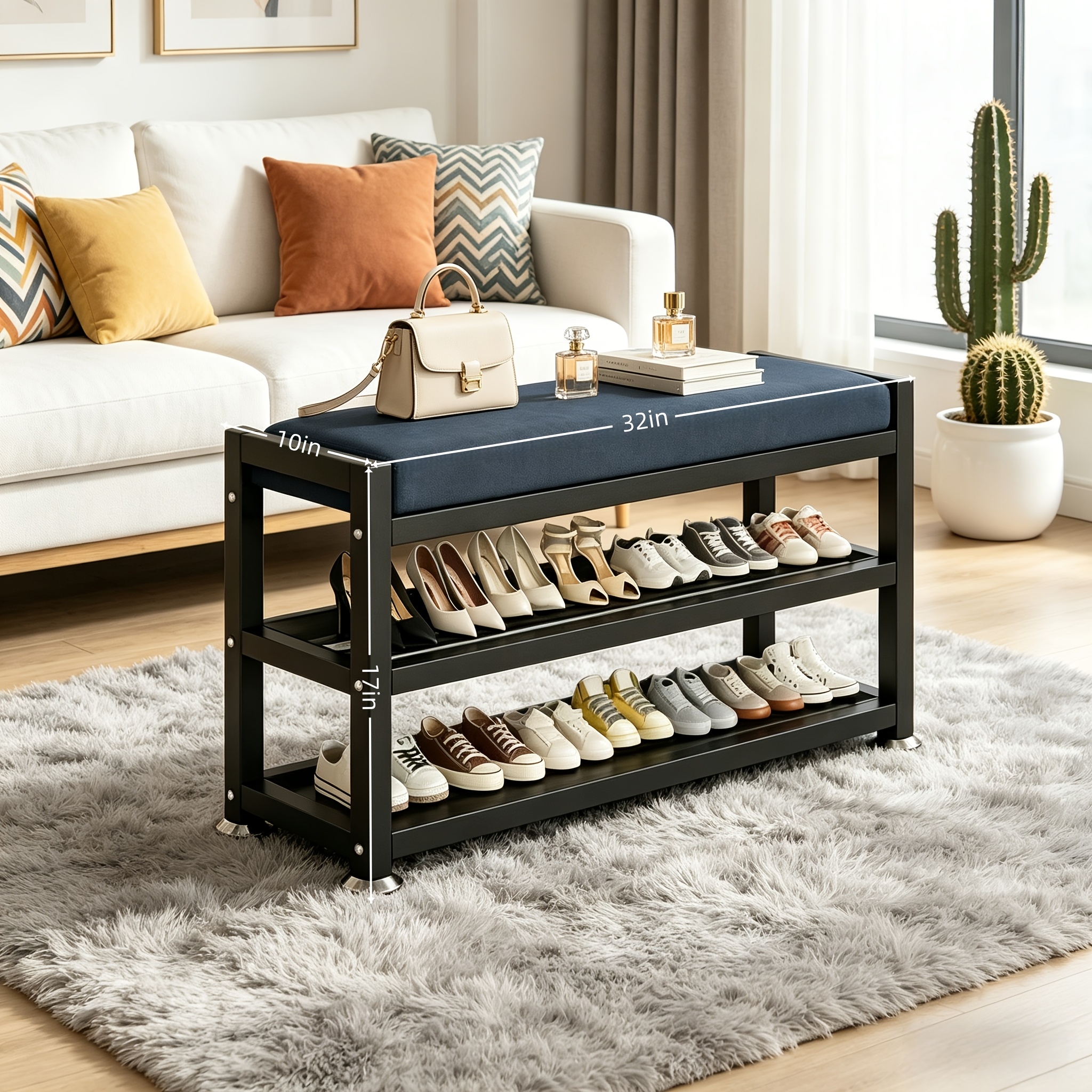 TEMU Modern Entryway Shoe Bench With A Thick, Soft Cushion, Shoe Rack And Shoe Storage Organizer, Easy-to-install Metal Frame -- For Bedroom Or