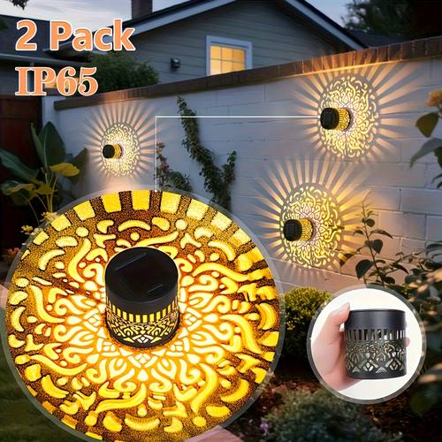 2pcs solar fence lights ip65 durable metal solar powered outdoor led lights with mandala cut out theme waterproof weather resistant decorative atmosphere night lights for garden patio deck step wall driveway yard fence decoration