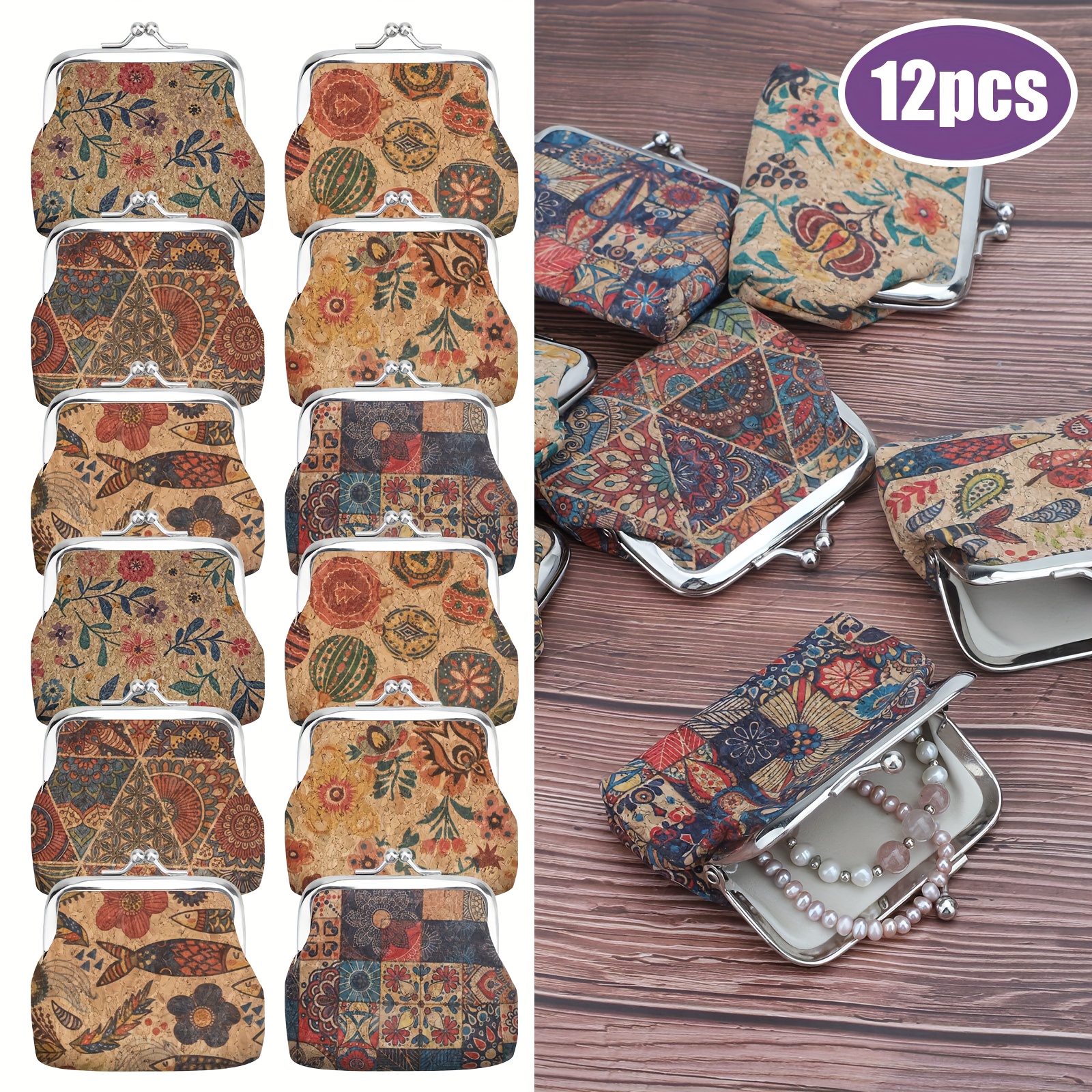 TEMU 12pcs Bohemian Clutch Pouches, Ethnic Coin Purse, Vibrant Floral Print Small Wallets, Multi-functional Handbag For Women, Compact Essentials