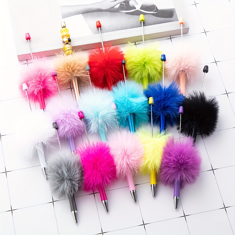 

28pcs Fluffy Beadable Pen Fuzzy Plastic Bead Ballpoint Pen Retractable Beaded Pens For Diy Craft Office Supplies Back-to-school Gift