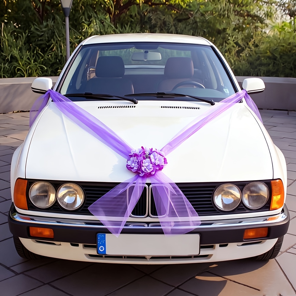 Image of 1pc Elegant Fabric Flower Car Wreath With Ribbon Bow - Vibrant Wedding & Engagement Door Handle Decoration, Artificial Floral Arrangement In Purple/pink/red For Outdoor Celebrations