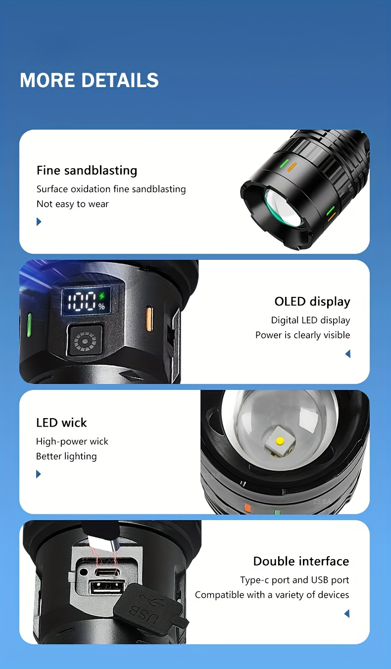 powerful led adjustable telescopic flashlight with  , usb charging, large capacity battery, multiple   switchable, suitable for going out, patrolling, camping, fishing, mountaineering, gifts, emergency use details 1