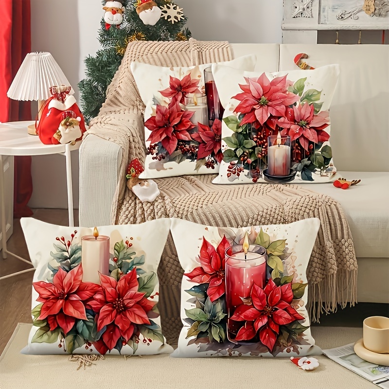 

Jit4pcs, 4 Christmas And Candles Polyester Pillow Covers, Modern Style, Zipper Design, Suitable For Decorative Cushion Covers Of Various Room Types, Pillow Core Not Included