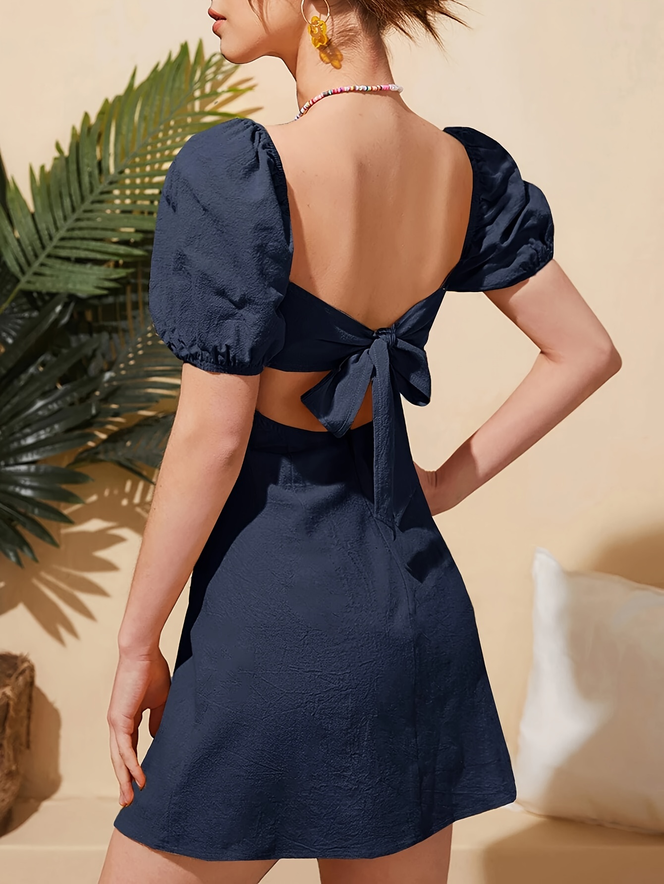 backless bubble sleeve dress tie women's clothing temu - Temu