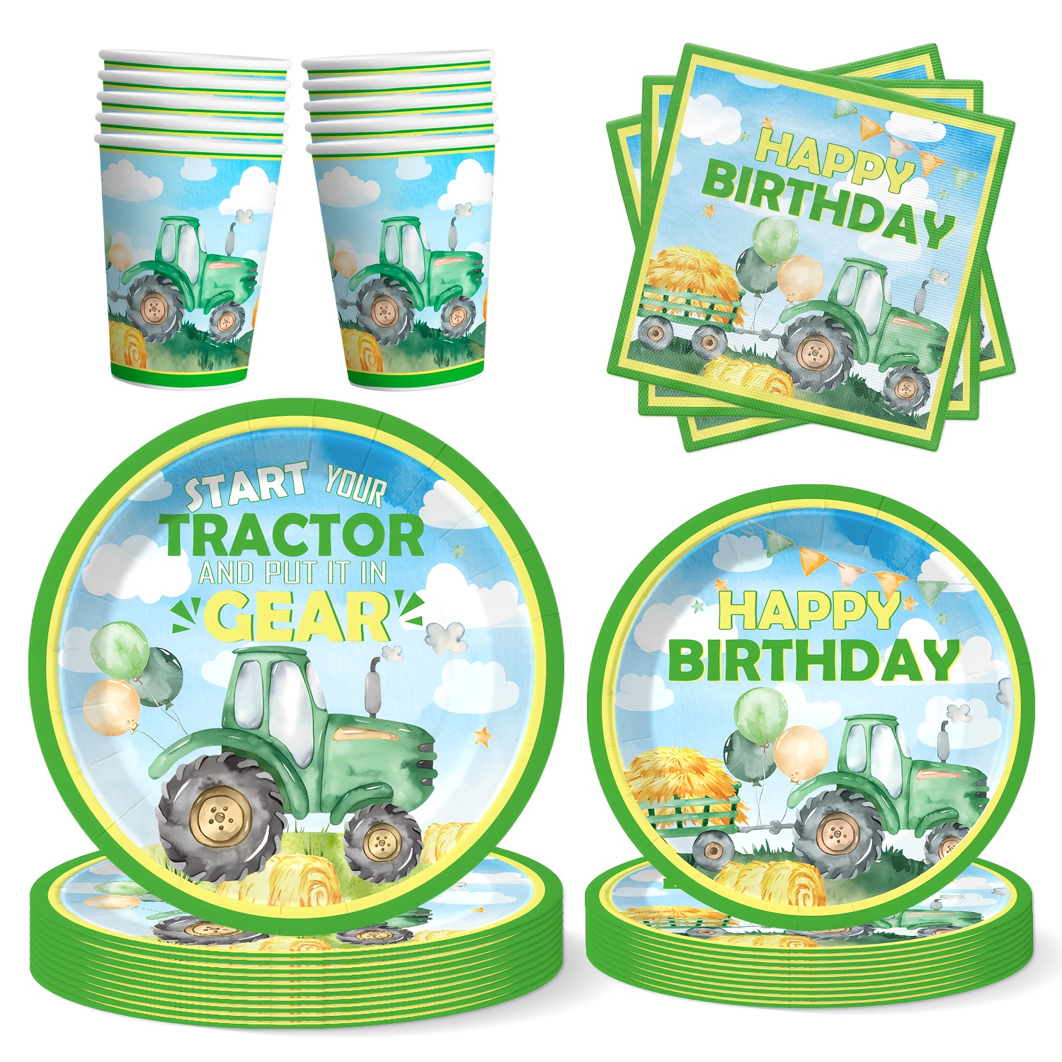 50pcs Tractor Birthday Party Supplies Set with Farm-Themed Plates, Napkins, Cups & Balloons - Green &   Decorations with Happy Birthday Banner, Tractor Cutouts -   Party Decor for Boys Girls Tractor Birthday Party,   Vibrant Tractor & Farm Animals, Balloons, and Confetti, Durable Paper Plates & Napkins for Easy  