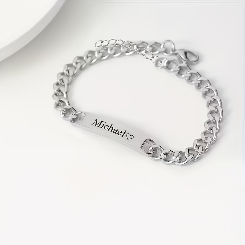 TEMU Pulseras para pareja grabadas con placa de personalizada - Estilo elegante y minimalista, hechas de acero inoxidable 304L chapado en oro de 18K,