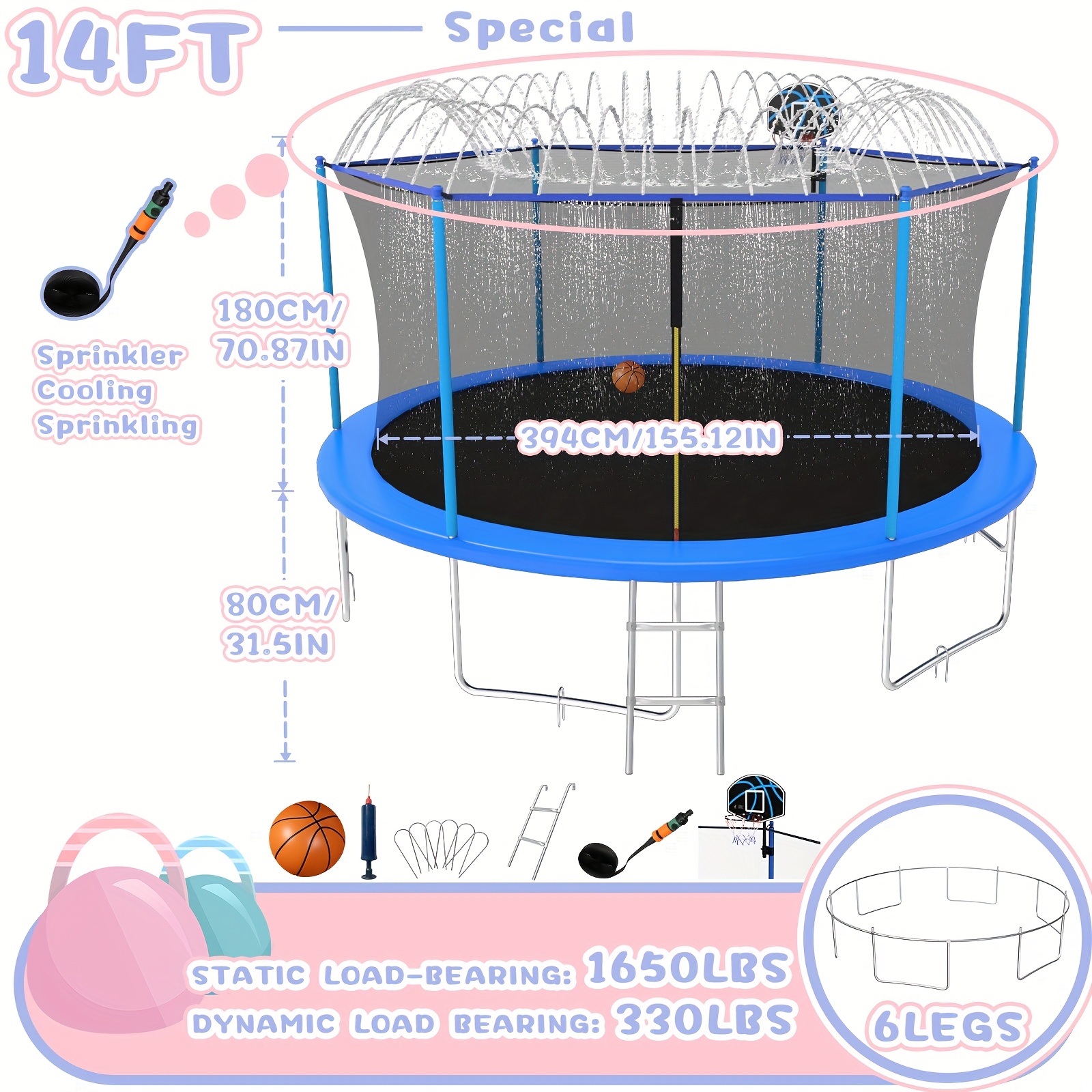 14ft/12ft/10ft Outdoor Kids Trampoline with Water Spray Device, Equipped with Safety Net and Heavy-Duty Rust-Resistant Frame, Suitable for Children and Adults, Includes Basketball Stand and Ladder Blue
