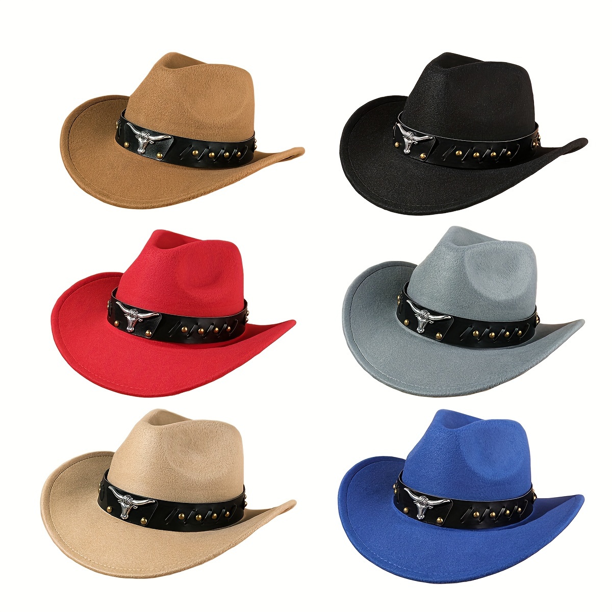 

A Set Of 6pcs Men's And Women's Cowboy Hats With Cow Head And Faux Leather Belt Buckle Jazz Hats