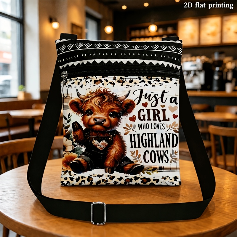 TEMU 2d Flat Crossbody Bag Suitable For Men And Women With Adjustable Straps And Zipper Closure, Cute Cartoon Highland Cow Print, Leopard And Ethnic