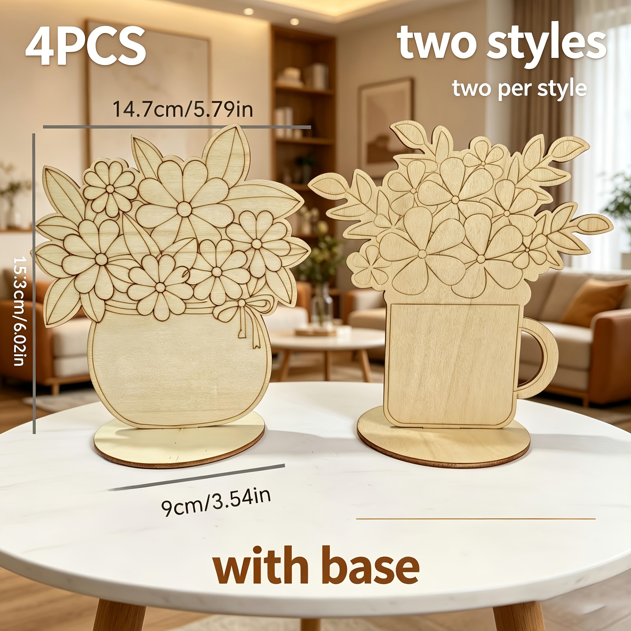 TEMU 4pcs Set Of 2 Styles Of Wooden Floral Arrangements With Bases, Including A Flower Basket And A Bouquet In A Cup. Each Style Has An Quantity And