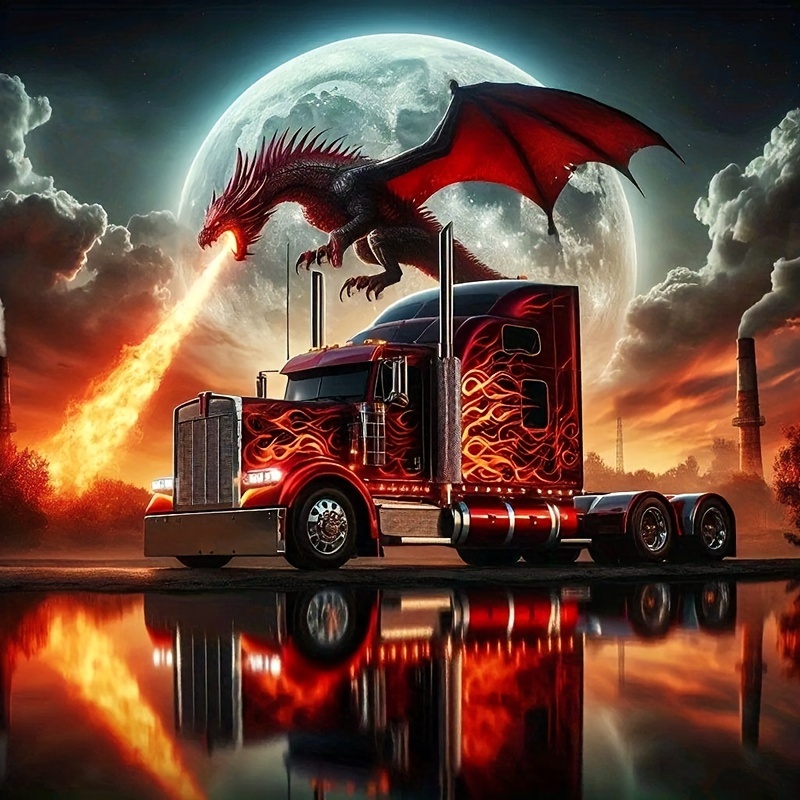 

5d Diamond Painting Kit, Round Full Drill Diy Dragon Truck Canvas Art 11.8in X 11.8in, Relaxing And Creative Transportation Theme Craft For Room Decor