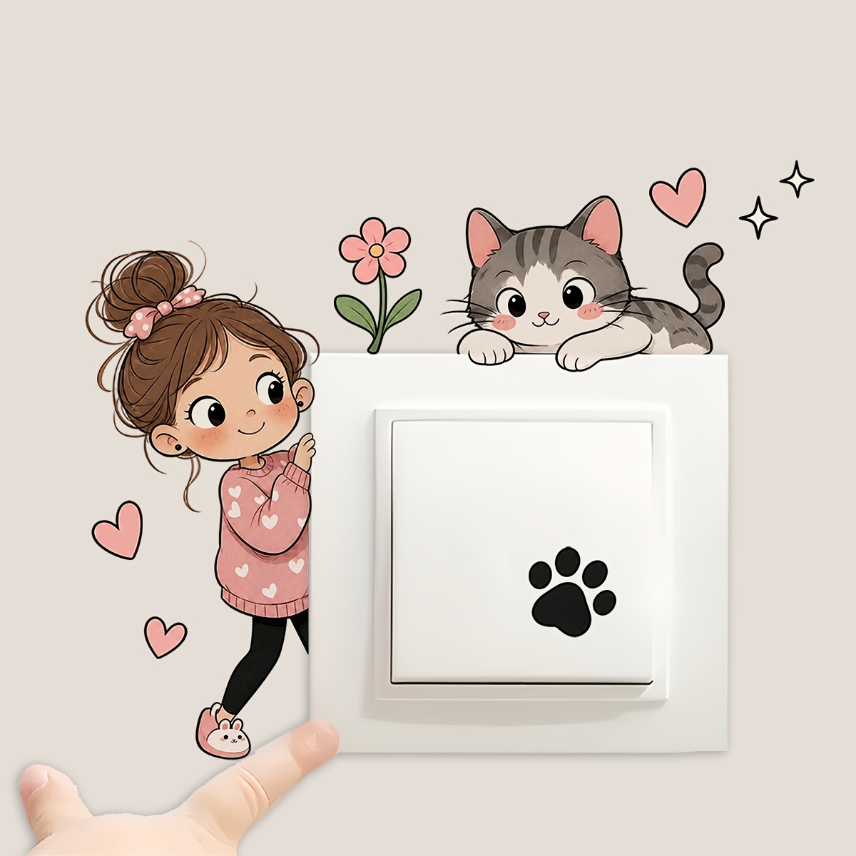 TEMU 1 autocollant de commutateur chaton pour petite fille, motif chaton à pâtisserie, chaton , de patte, cœur, petite fleur, salon, chambre à