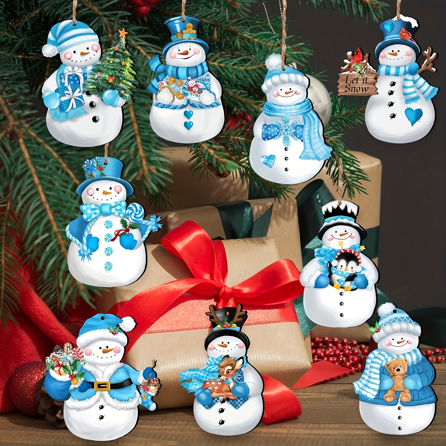 

24pcs Wooden Snowman Ornaments For Christmas Tree - , No-feather Decorations, Non-electric