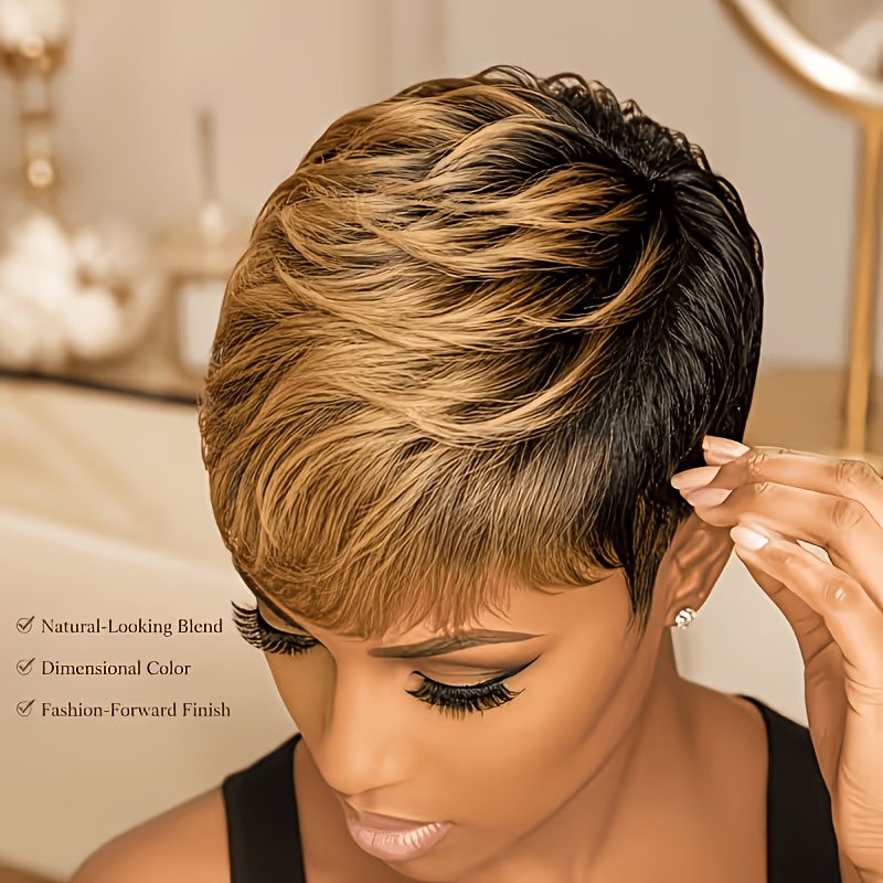 TEMU Women's Layered Short Straight Cut Human Hair Wig (with Bangs) | 1b/30/blonde Peruvian Remy Hair, Elastic Inner Cap, Machine-made, Straight